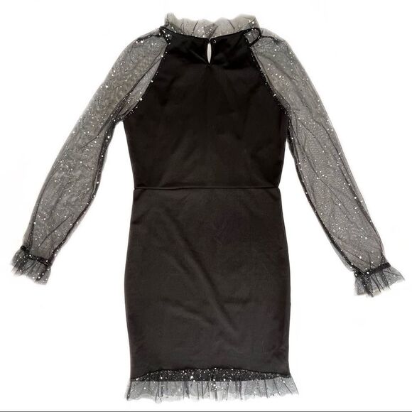 NWT CBR Black Long Sleeve Tulle Silver Paint Splatter Spackle Ruffle Dress S - Picture 4 of 5